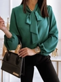 Elegant dark green long sleeve blouse with a pussy bow neck tie and pleated cuffs - S / Green