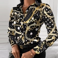 Elegante blusa de mujer de manga larga con estampado de cadenas doradas y lunares en negro - S / Cadena Negra Lunares