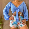 Women's 2-piece summer set with blue tie-front V-neck crop top and floral print shorts - S / Blue (No Belt)