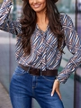 Blouse élégante pour femme à manches longues avec imprimé géométrique et nœud au col - S / Rayé Bleu et Café