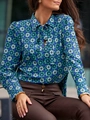 Chemisier femme chic à manches longues avec imprimé géométrique et col à nouer - S / Imprimé Cercles Bleus