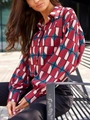Damen Langarmhemd mit lockerer Passform und Vintage Geometrie-Muster in Retrofarben - XL / Geometrisches Color Blocking
