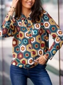 Chemisier élégant pour femme avec imprimé géométrique, col à nouer et manches longues - S / Imprimé Hexagone Vintage