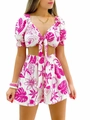 Set estivo da donna in due pezzi con stampa tropicale rosa e top con lacci - S / Set Stampa Base Bianca