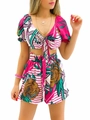 Completo due pezzi da donna con stampa tropicale, top con lacci a V e pantaloncini - S / Completo a righe