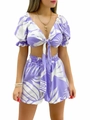 Women's summer two-piece lavender floral set with V-neck tie-front top and shorts - Blue Set