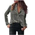 Women's long sleeve silver satin shirt with front chest pockets and a classic turn-down collar - Dark Gray