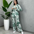 Women's tropical print two-piece set featuring long-sleeve belted top and wide-leg pants - S / Green