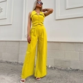 Ensemble chic jaune vif deux pièces avec gilet court et pantalon large taille haute - S / Jaune
