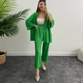 Completo chic due pezzi verde lime da donna con cardigan e pantaloni a coste - S / Verde