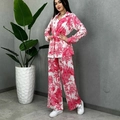 Women's 2-piece lounge set with pink palm tree print, long sleeves and belted waist - S / Red
