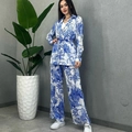 Women's 2-piece tropical palm print set with long sleeve belted shirt and wide pants - S / Blue