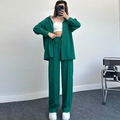 Green long sleeve shirt and wide leg trousers two-piece lounge set with textured fabric - Dark Green