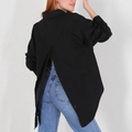Women's black long sleeve shirt with unique button-back design and high split detail - Black