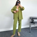 Women's 2-piece lounge set with long sleeve button-up shirt and pleated pants in olive green - Grass Green