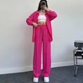 Women's two-piece rose pink oversized shirt and high waist wide leg trousers casual set - Rose Red