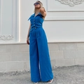 Ensemble d'été 2 pièces bleu vif pour femme avec gilet boutonné et pantalon large - S / Bleu