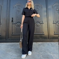 Ensemble d'été 2 pièces pour femme avec chemise à manches courtes et pantalon large taille haute - Noir