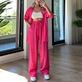Fuchsia leopard print two-piece set with long sleeve shirt and wide-leg drawstring pants - Rose Red