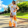 Damen-Zweiteiler bestehend aus Langarmhemd und weiter Hose mit orangefarbenem Blumendruck - S / Orange