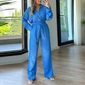 Dames 2-delige set van blauw satijn met luipaardprint, overhemd en wijde broek - S / Blauw