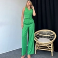 Completo da donna due pezzi in lino verde con gilet e pantaloni a gamba larga - S / Verde