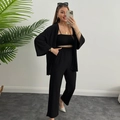 Completo 3 pezzi nero plissettato con cardigan, canotta e pantaloni larghi da donna - Nero