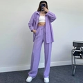 Completo casual da donna color lavanda con camicia a maniche lunghe e pantaloni a gamba larga - S / Viola