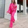 Ensemble deux pièces pour femme en satin à imprimé léopard rose avec haut et pantalon large - Rose rouge