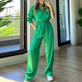 Felgroen satijnen jacquard set met luipaardprint overhemd en wijde broek voor dames - S / Groen