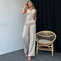 Women's 2-piece set with V-neck buttoned vest and wide-leg trousers in light beige - Apricot