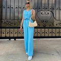 Sky blue sleeveless vest and high-waist wide-leg pants two-piece summer fashion set - Blue