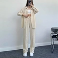 Women's 2-piece oversized shirt and wide-leg trousers set in beige textured fabric - Off White