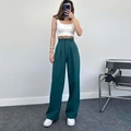 Elegant high-waist wide-leg trousers in dark green with smooth drape for women - S / Malachite green