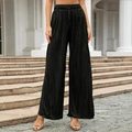 Pantaloni plissé neri a gamba larga da donna con vita elastica e coulisse regolabile - S / Nero