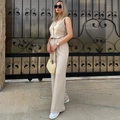 Women's 2-piece beige cotton-linen set with V-neck button vest and wide-leg trousers - Apricot
