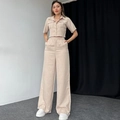 Women's two-piece linen short sleeve shirt and high waist wide leg pants set in beige - Apricot
