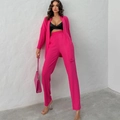 Damen-3-Teiler-Set mit rosaroter langer Strickjacke, High-Waist-Hose und schwarzem Bustier - S / Rosarot