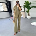 Conjunto casual de mujer con top con cordón y pantalones de pierna ancha verde oliva - S / Verde Militar