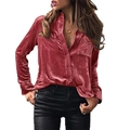Front view of a red velvet button-down shirt with a single pocket and classic collar - S / Rose