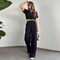 Schwarzes Damen-Zweiteiler-Set mit Kurzarm-Kordelzug-Top und High-Waist-Cargohose - S / Schwarz