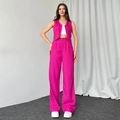 Women's 3-piece rose pink vest set with high waist wide-leg pants and crop top - S / Rose Red