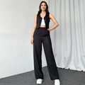 Women's 2-piece summer set with sleeveless cropped vest and high-waist wide-leg pants - S / Black