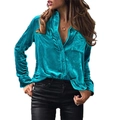 Teal velvet long sleeve shirt for women featuring a button-down front and chest pocket - Green Blue