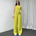 Women's 2-piece lime green set with V-neck vest and high-waist wide-leg trousers - S / Fruit Green