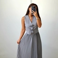 Grey two-piece set featuring sleeveless rose-button vest and pleated maxi skirt - S / Premium Gray With Flower