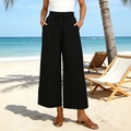 Dettaglio della vita alta con coulisse e tasche laterali su pantaloni neri a gamba larga - S / Nero