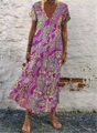 Detail of Boho V-neck dress featuring purple and yellow floral mandala print - 4XL / Purple