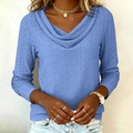 Detail of cowl neck blue top with geometric eyelet embroidery and hollow-out texture - S / Dark Blue