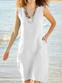 Detail of white cotton linen sleeveless dress featuring V-neck and functional side pockets - S / White